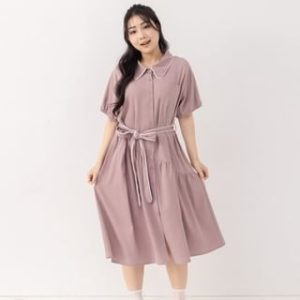 [L -3XL]Short Sleeve Doll Collar Contrast-Trim Tie-Waist Midi A-Line Dress
